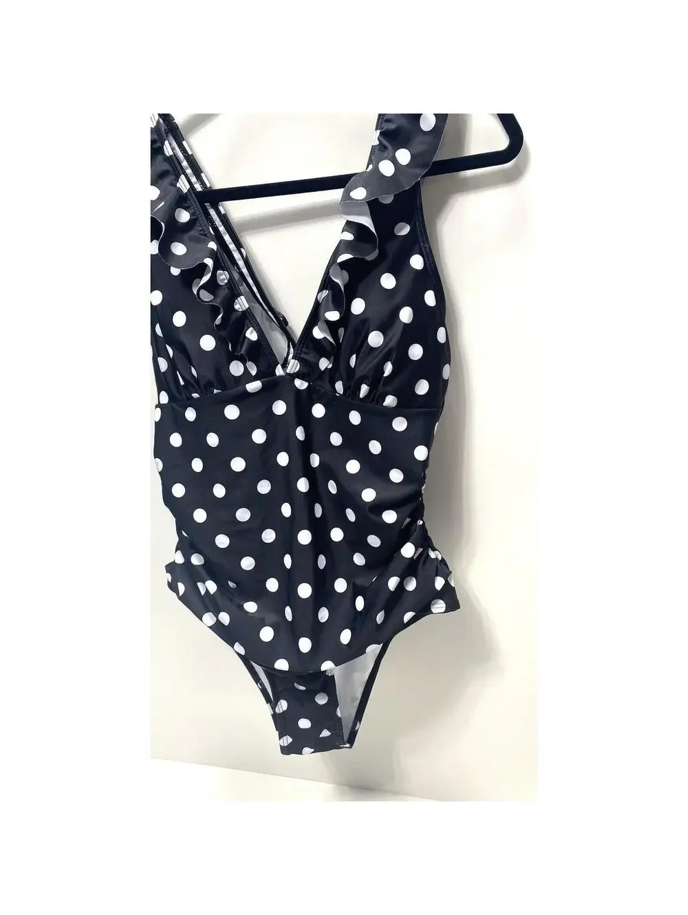 NEW Large Women’s Black White Polka Dot V-Neck One Piece Bathing Suit